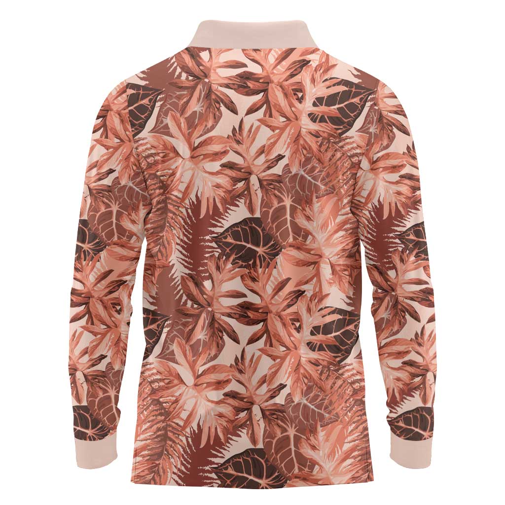 Hawaii Red Brown Tropical Leaves Long Sleeve Polo Shirt LT01 - Polynesian Pride