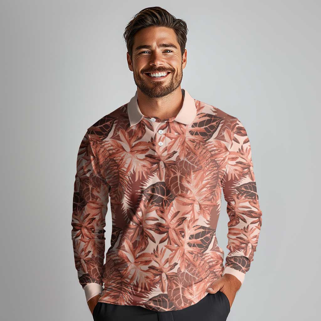 Hawaii Red Brown Tropical Leaves Long Sleeve Polo Shirt LT01 - Polynesian Pride