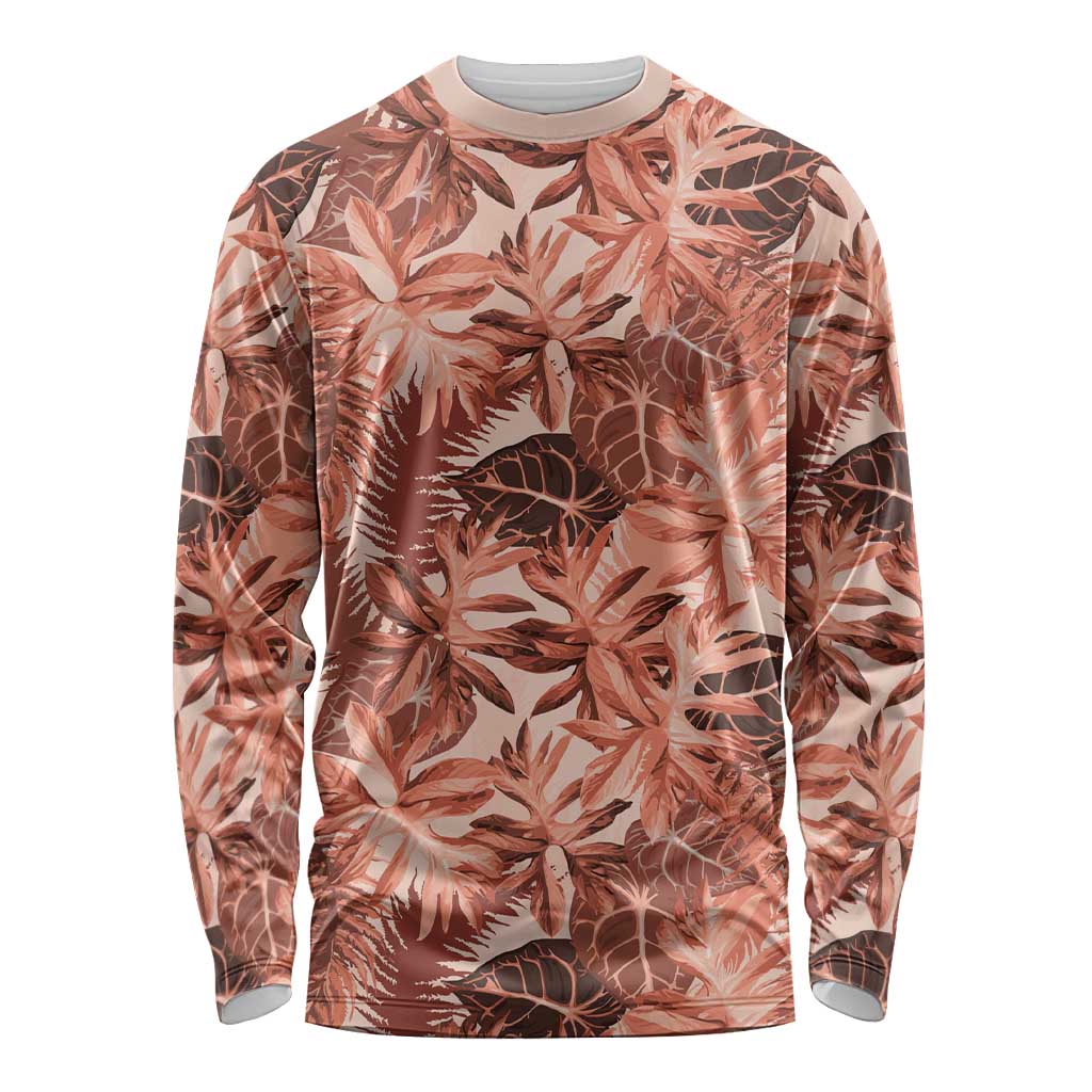 Hawaii Red Brown Tropical Leaves Long Sleeve Shirt LT01 Unisex Brown - Polynesian Pride