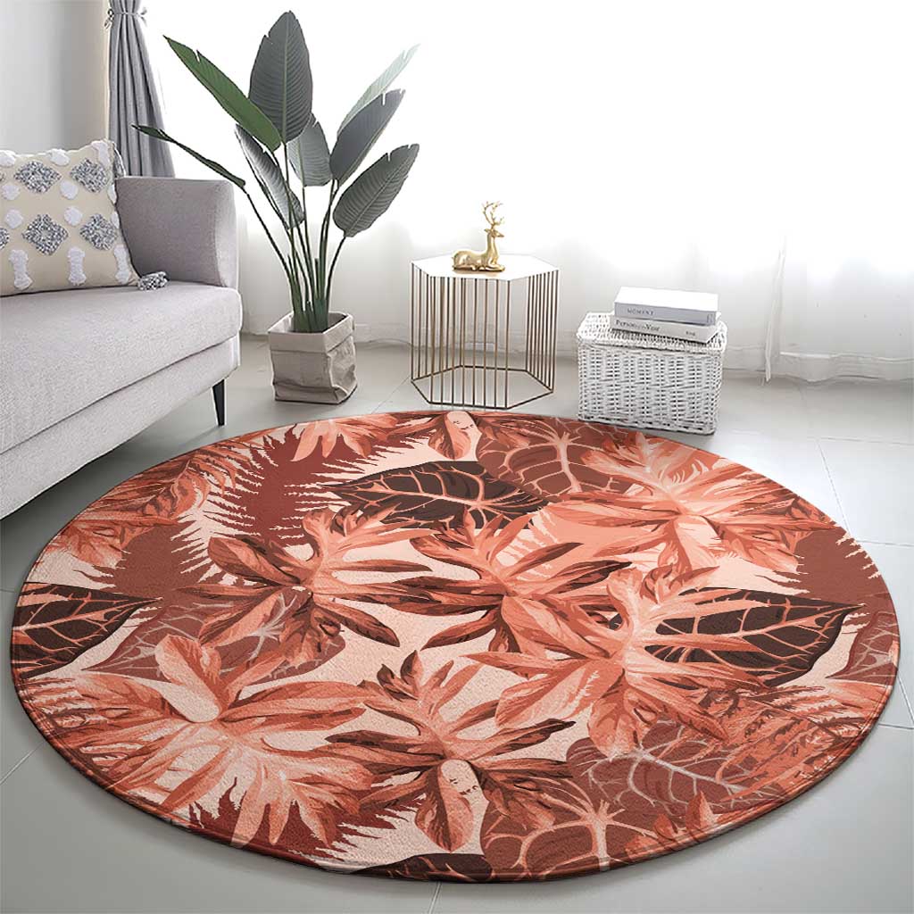 Hawaii Red Brown Tropical Leaves Round Carpet - Polynesian Pride