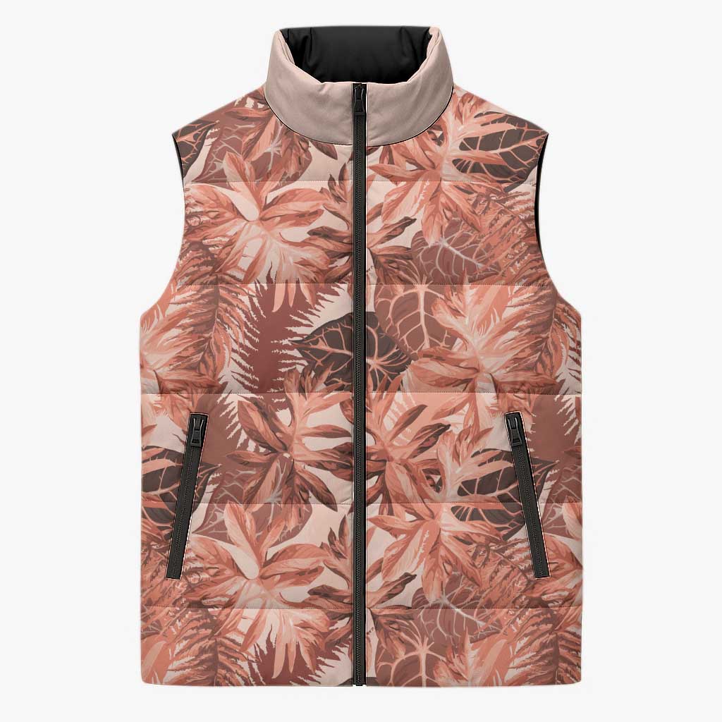 Hawaii Red Brown Tropical Leaves Sleeveless Puffer Jacket - Polynesian Pride