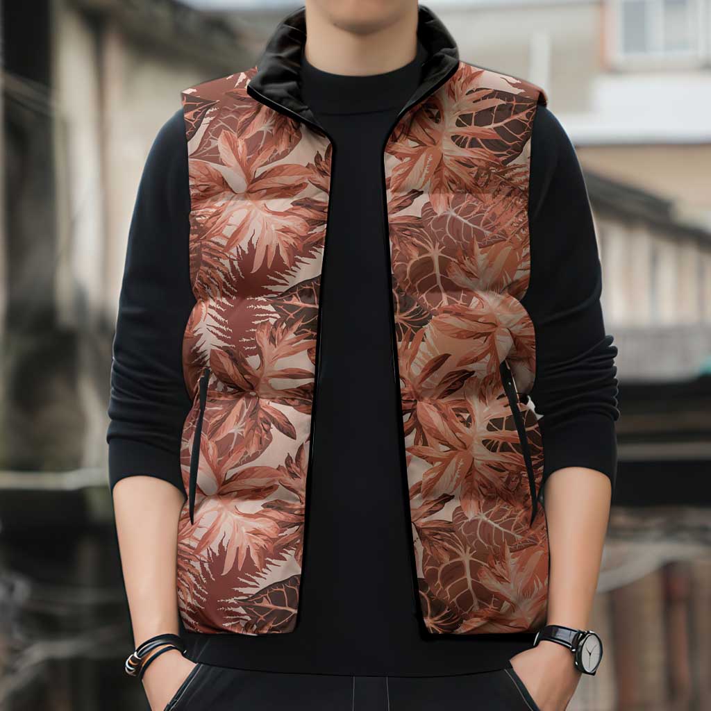 Hawaii Red Brown Tropical Leaves Sleeveless Puffer Jacket - Polynesian Pride