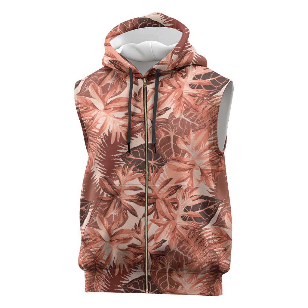 Hawaii Red Brown Tropical Leaves Sleeveless Zip Hoodie - Polynesian Pride
