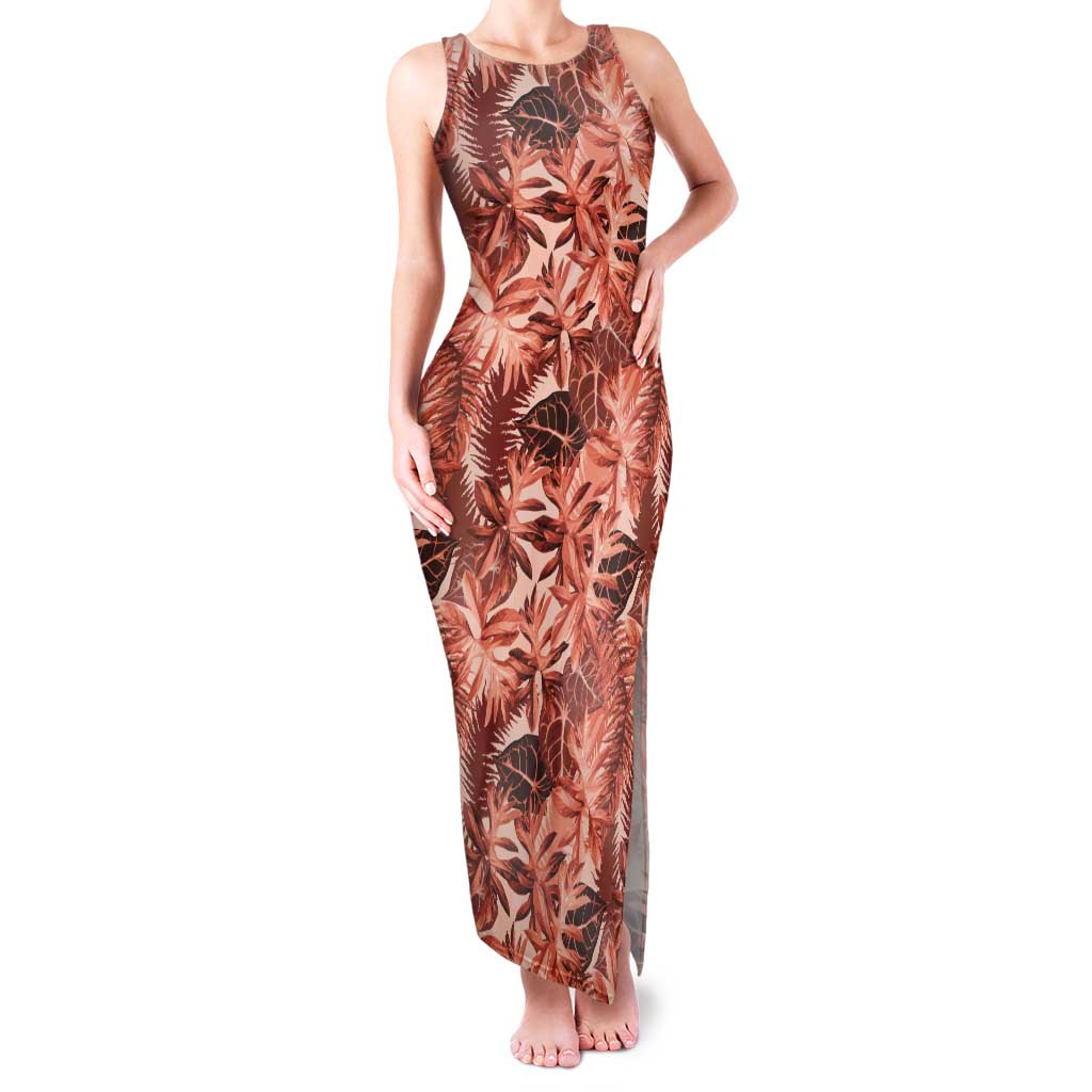 Hawaii Red Brown Tropical Leaves Tank Maxi Dress - Polynesian Pride