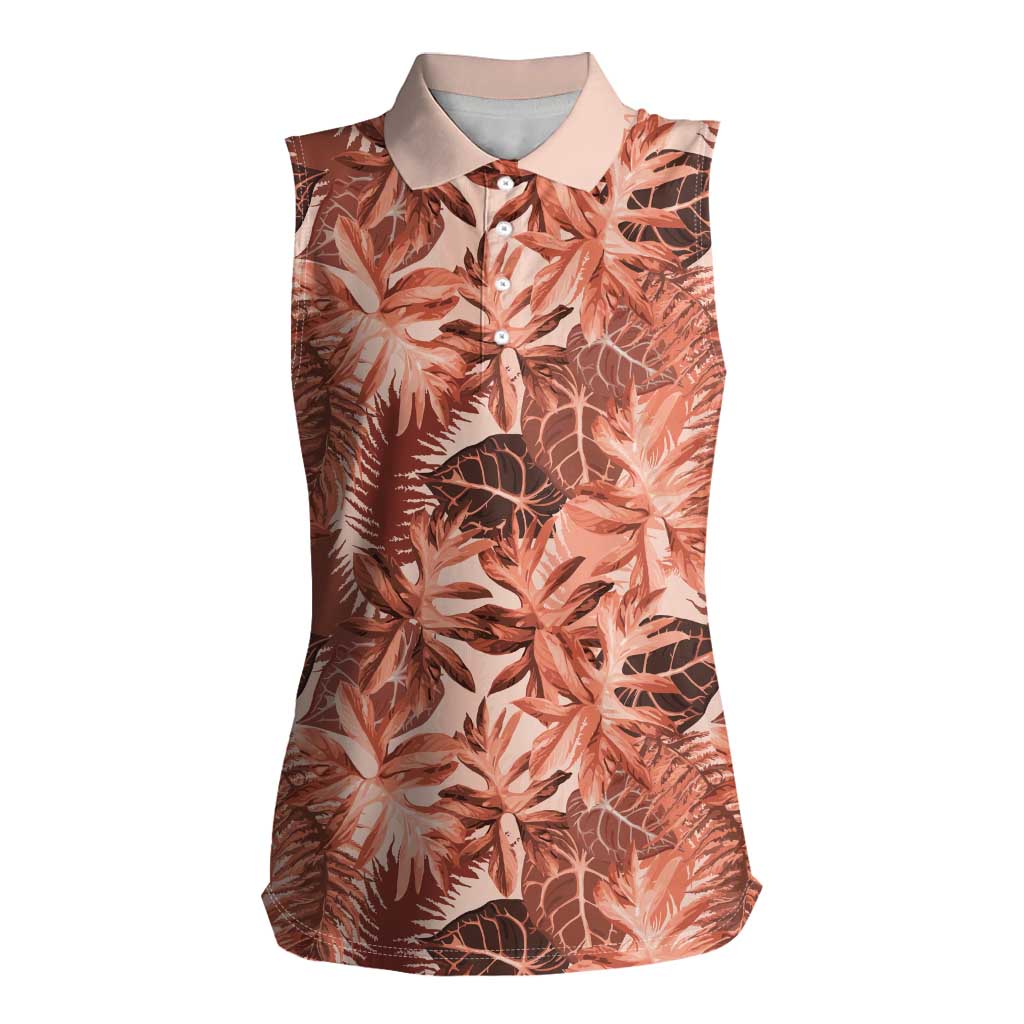 Hawaii Red Brown Tropical Leaves Women Sleeveless Polo Shirt LT01 Female Brown - Polynesian Pride