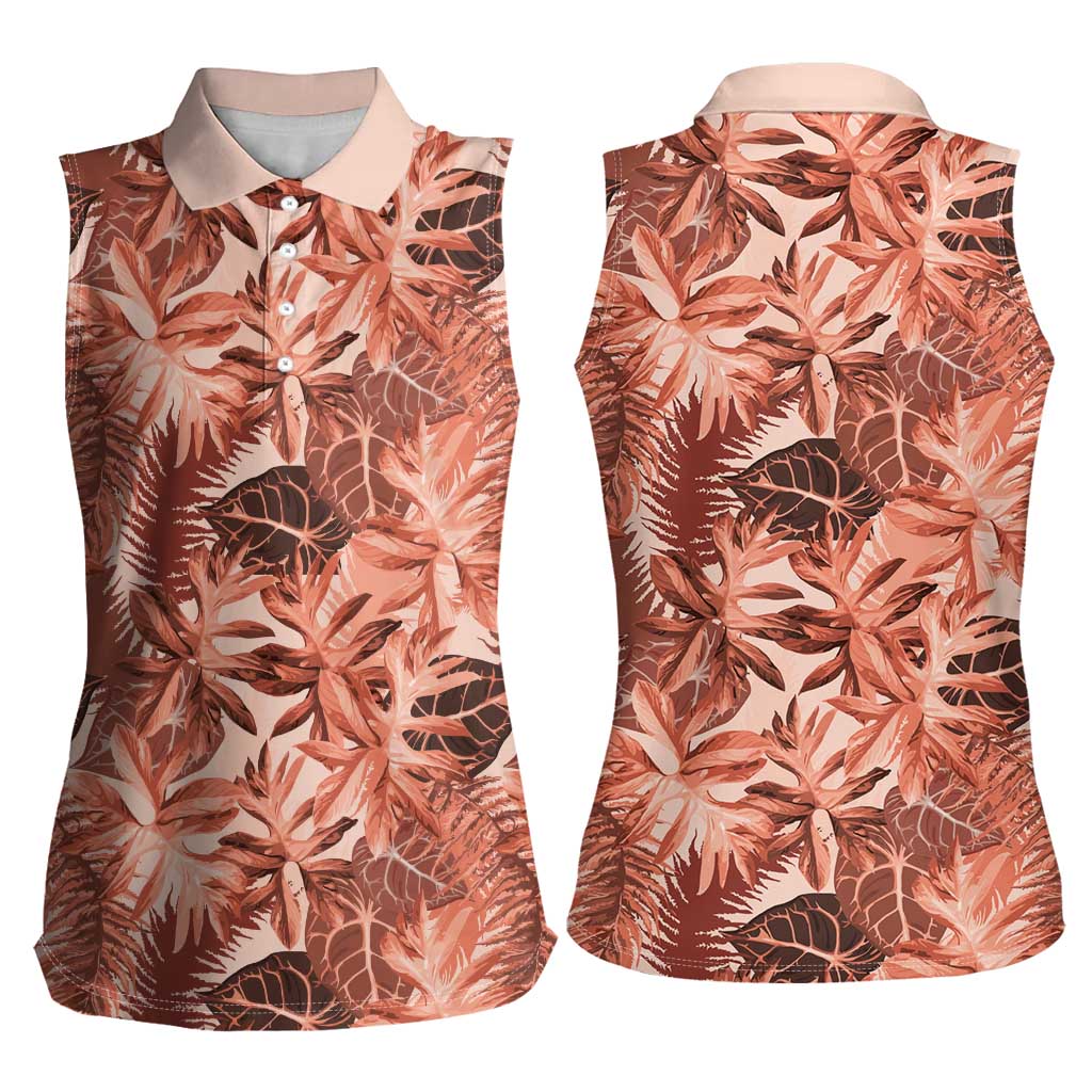 Hawaii Red Brown Tropical Leaves Women Sleeveless Polo Shirt LT01 - Polynesian Pride