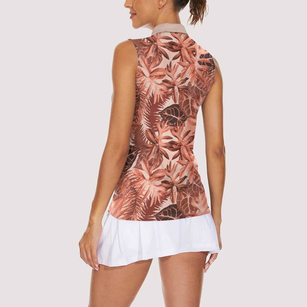 Hawaii Red Brown Tropical Leaves Women Sleeveless Polo Shirt LT01 - Polynesian Pride