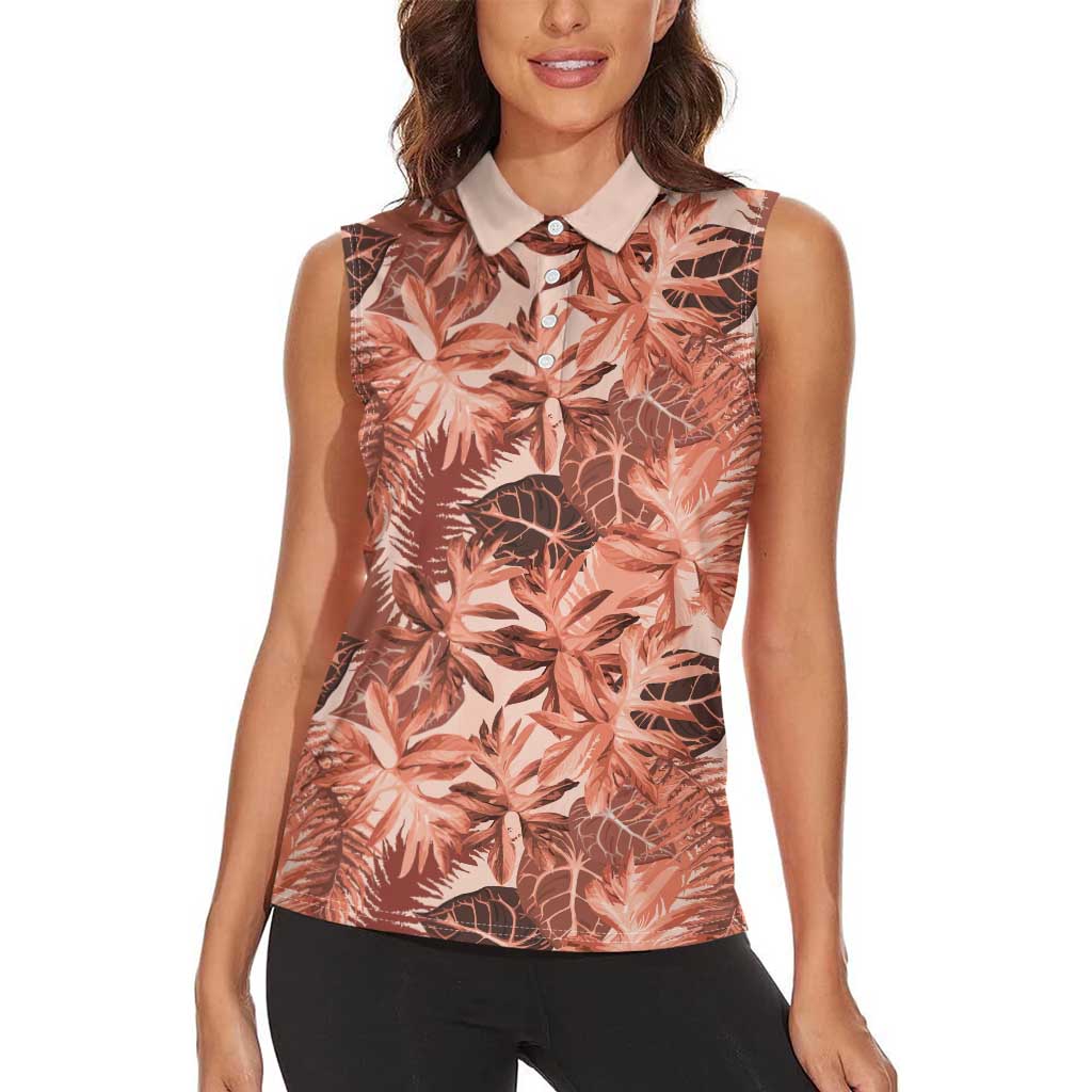 Hawaii Red Brown Tropical Leaves Women Sleeveless Polo Shirt LT01 - Polynesian Pride