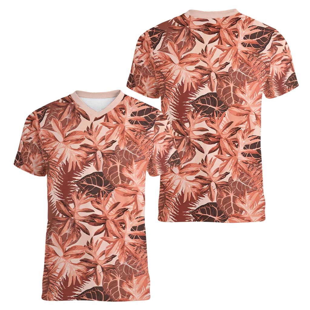 Hawaii Red Brown Tropical Leaves Women V-Neck T-Shirt - Polynesian Pride