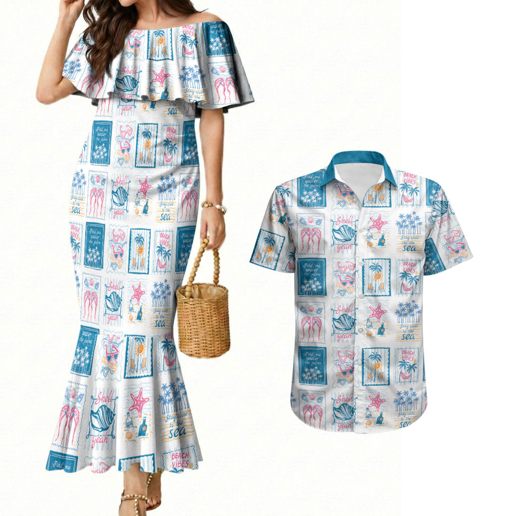 Hawaii Coastal Summer Postcard Couples Matching Mermaid Dress and Hawaiian Shirt LT01 Multicolor - Polynesian Pride