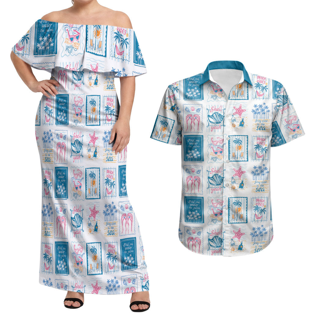 Hawaii Coastal Summer Postcard Couples Matching Off Shoulder Maxi Dress and Hawaiian Shirt LT01 Multicolor - Polynesian Pride