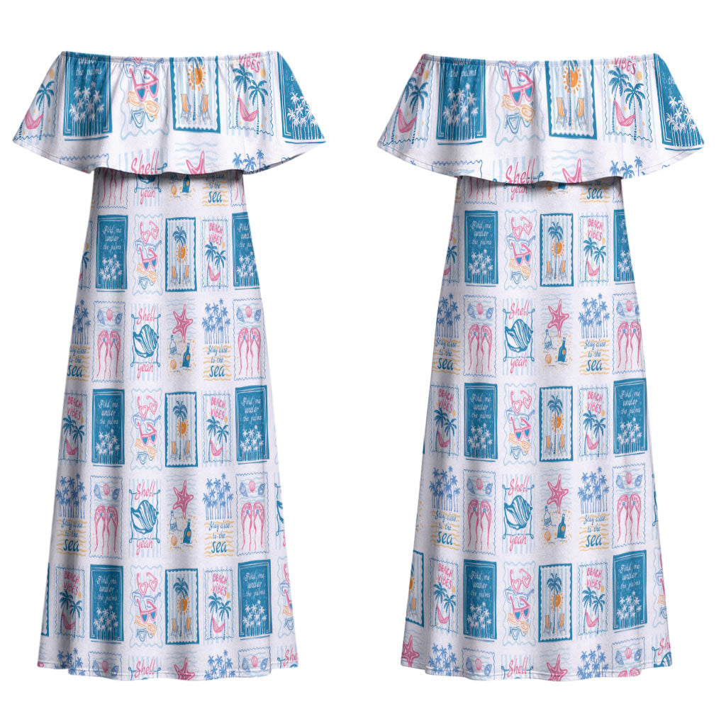 Hawaii Coastal Summer Postcard Couples Matching Off Shoulder Maxi Dress and Long Sleeve Button Shirt