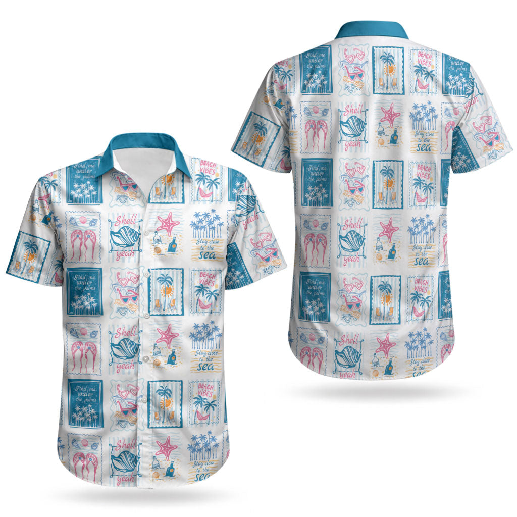 Hawaii Coastal Summer Postcard Couples Matching Off Shoulder Short Dress and Hawaiian Shirt