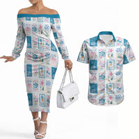 Hawaii Coastal Summer Postcard Couples Matching Off The Shoulder Long Sleeve Dress and Hawaiian Shirt