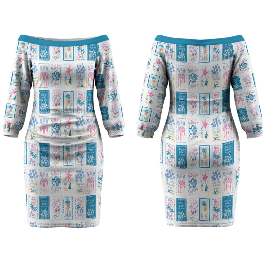 Hawaii Coastal Summer Postcard Couples Matching Off The Shoulder Long Sleeve Dress and Hawaiian Shirt