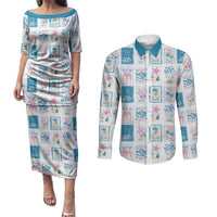 Hawaii Coastal Summer Postcard Couples Matching Puletasi and Long Sleeve Button Shirt