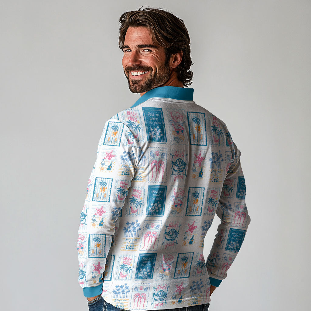 Hawaii Coastal Summer Postcard Long Sleeve Polo Shirt
