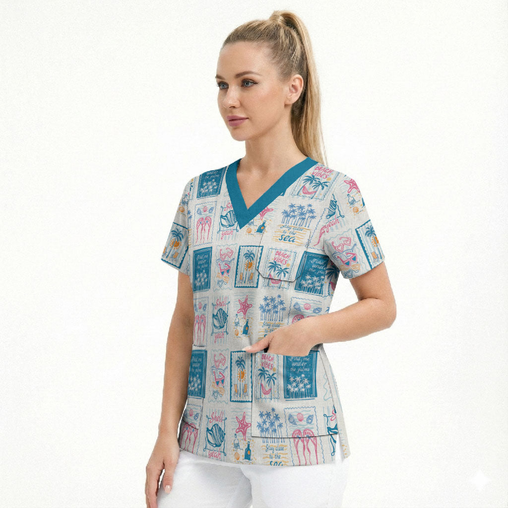 Hawaii Coastal Summer Postcard Scrub Top