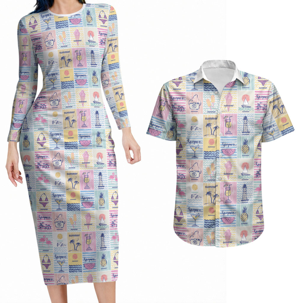 Aloha Summer Posters Grunge Textures Couples Matching Long Sleeve Bodycon Dress and Hawaiian Shirt