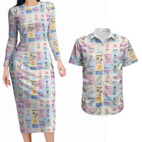 Aloha Summer Posters Grunge Textures Couples Matching Long Sleeve Bodycon Dress and Hawaiian Shirt