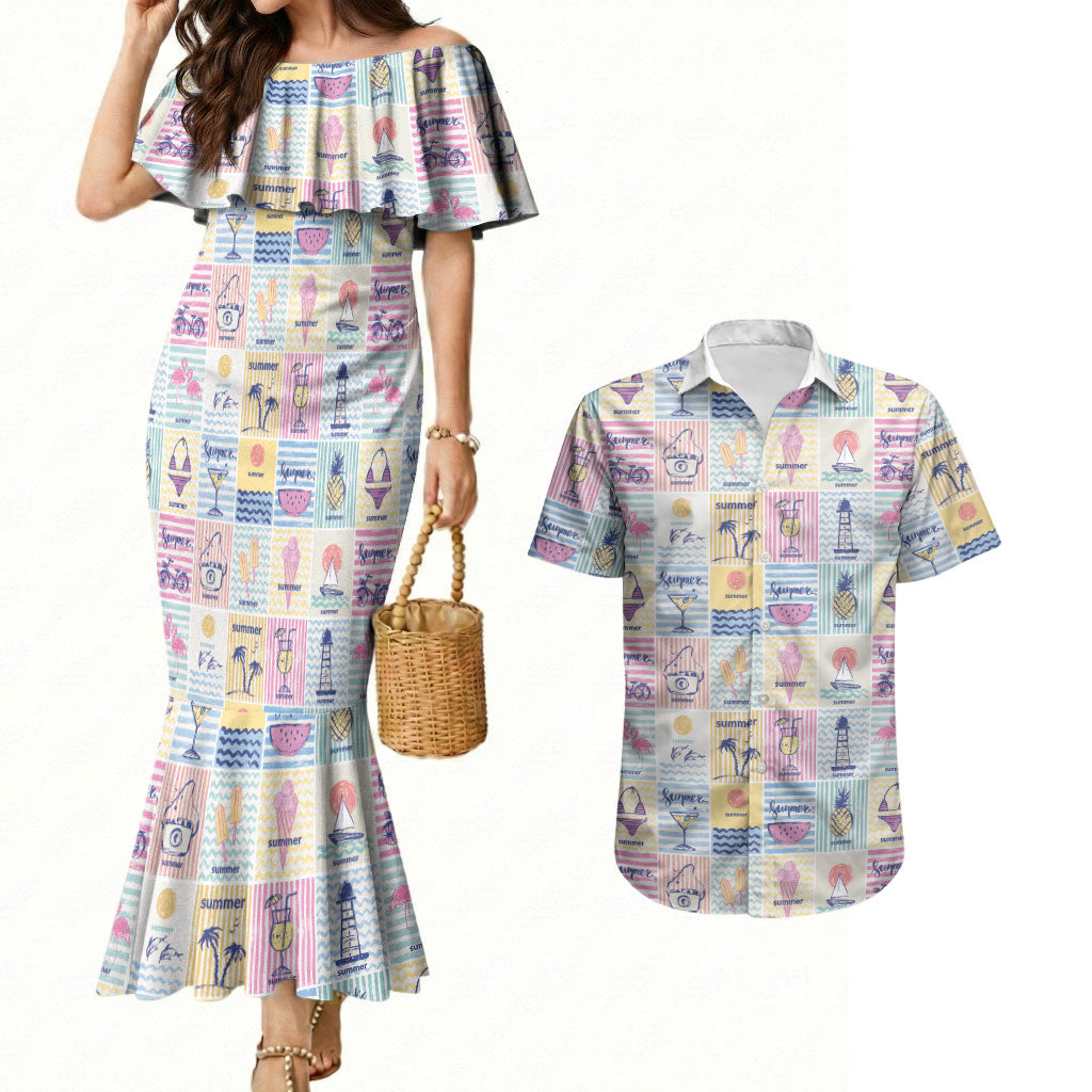 Aloha Summer Posters Grunge Textures Couples Matching Mermaid Dress and Hawaiian Shirt