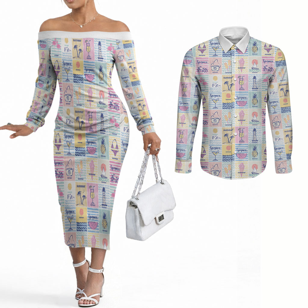 Aloha Summer Posters Grunge Textures Couples Matching Off The Shoulder Long Sleeve Dress and Long Sleeve Button Shirt