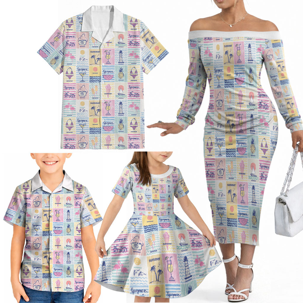Aloha Summer Posters Grunge Textures Family Matching Off The Shoulder Long Sleeve Dress and Hawaiian Shirt
