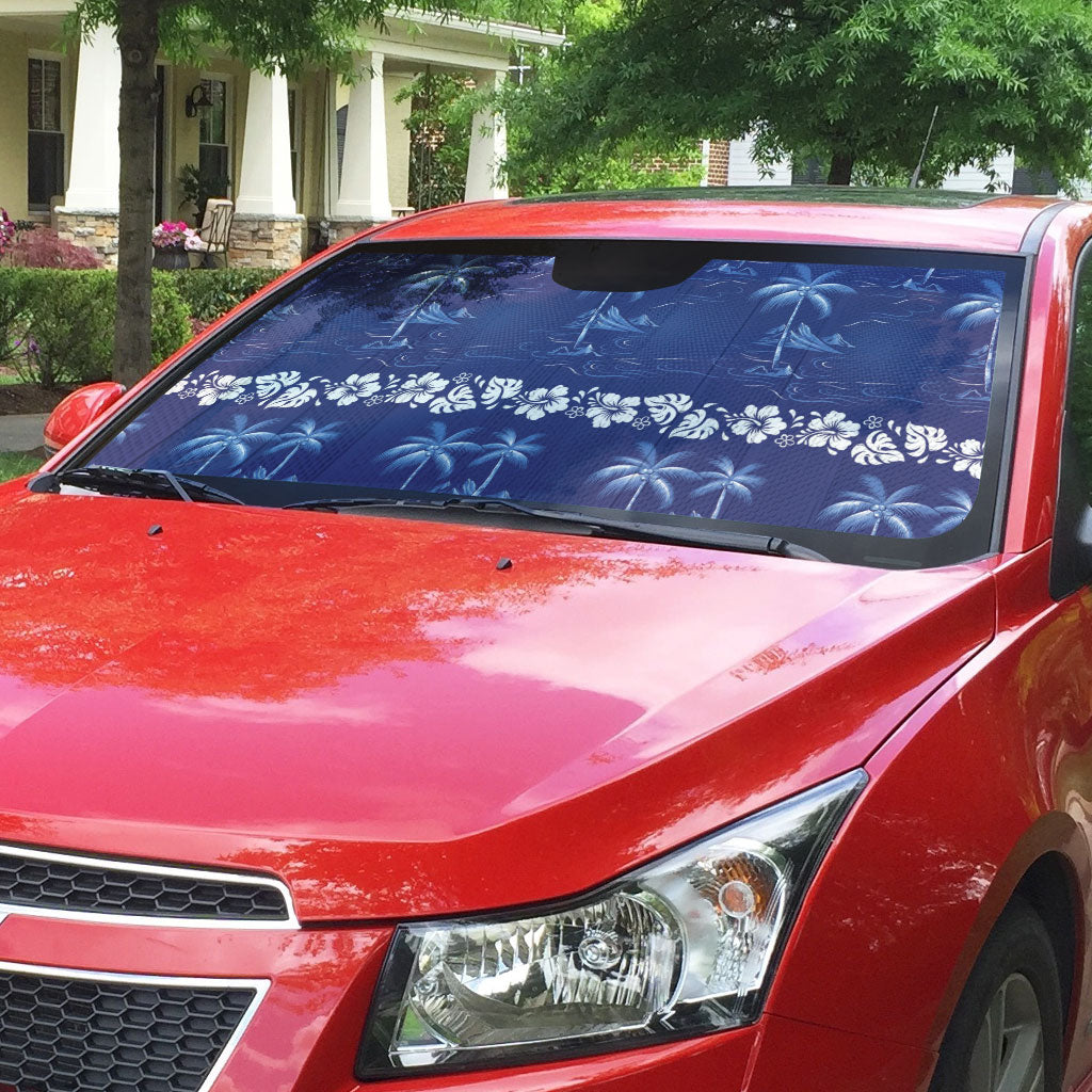 Blue Hawaii Palm Tree Hibiscus Auto Sun Shade Fantasy Summer Vibe