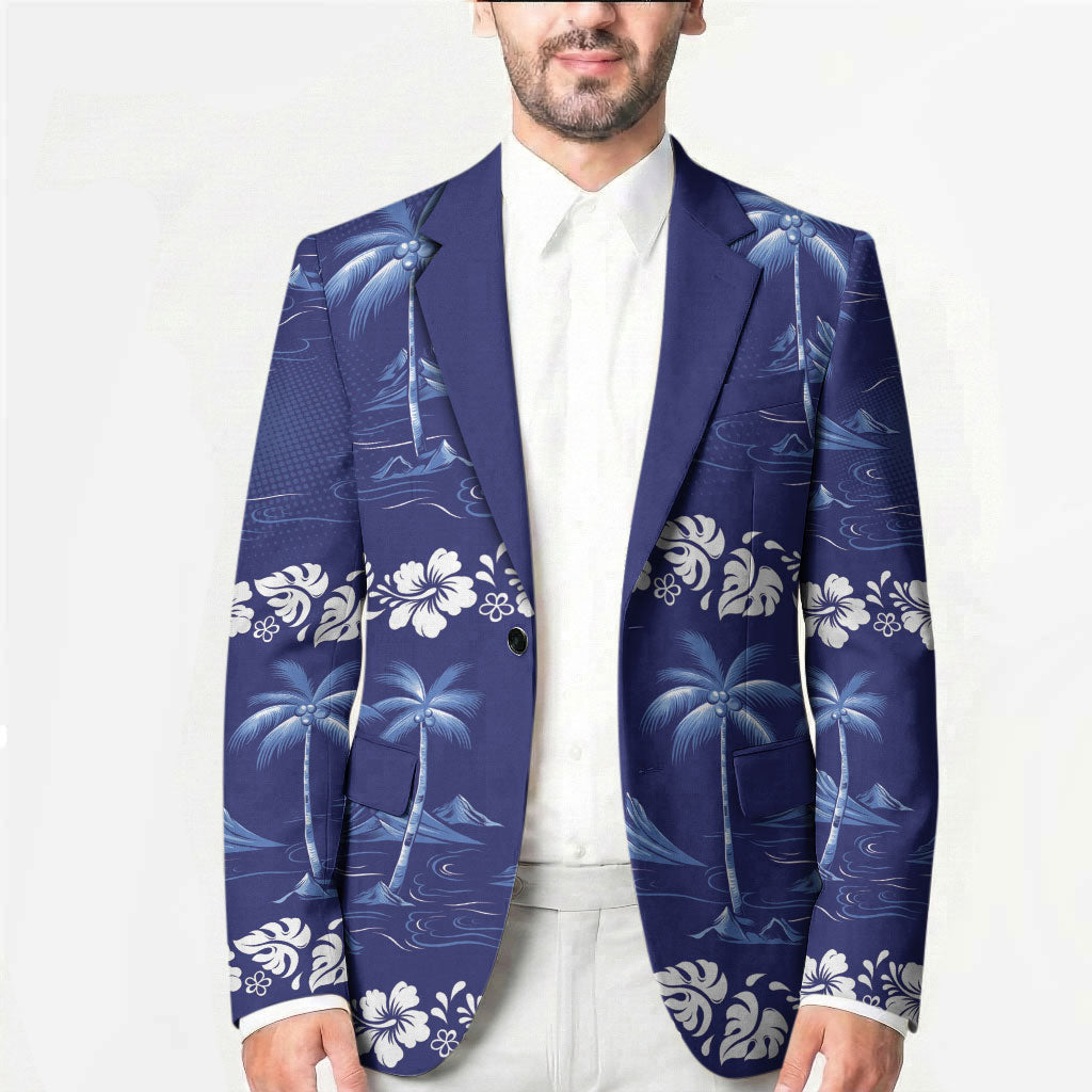 Blue Hawaii Palm Tree Hibiscus Blazer Fantasy Summer Vibe