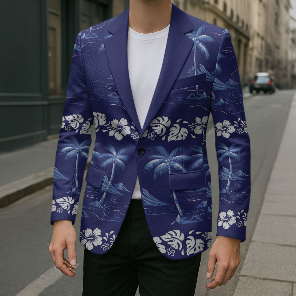 Blue Hawaii Palm Tree Hibiscus Blazer Fantasy Summer Vibe