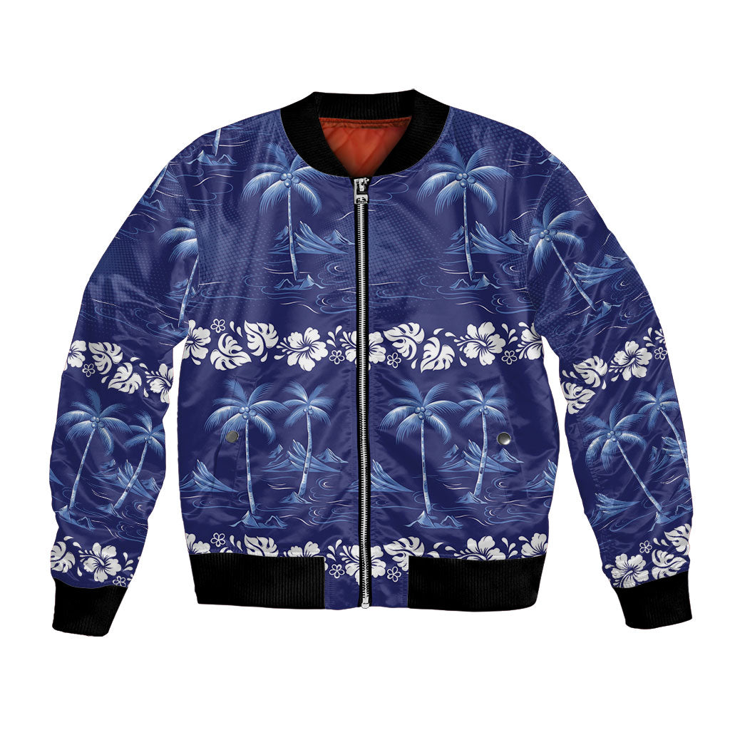 Blue Hawaii Palm Tree Hibiscus Bomber Jacket Fantasy Summer Vibe