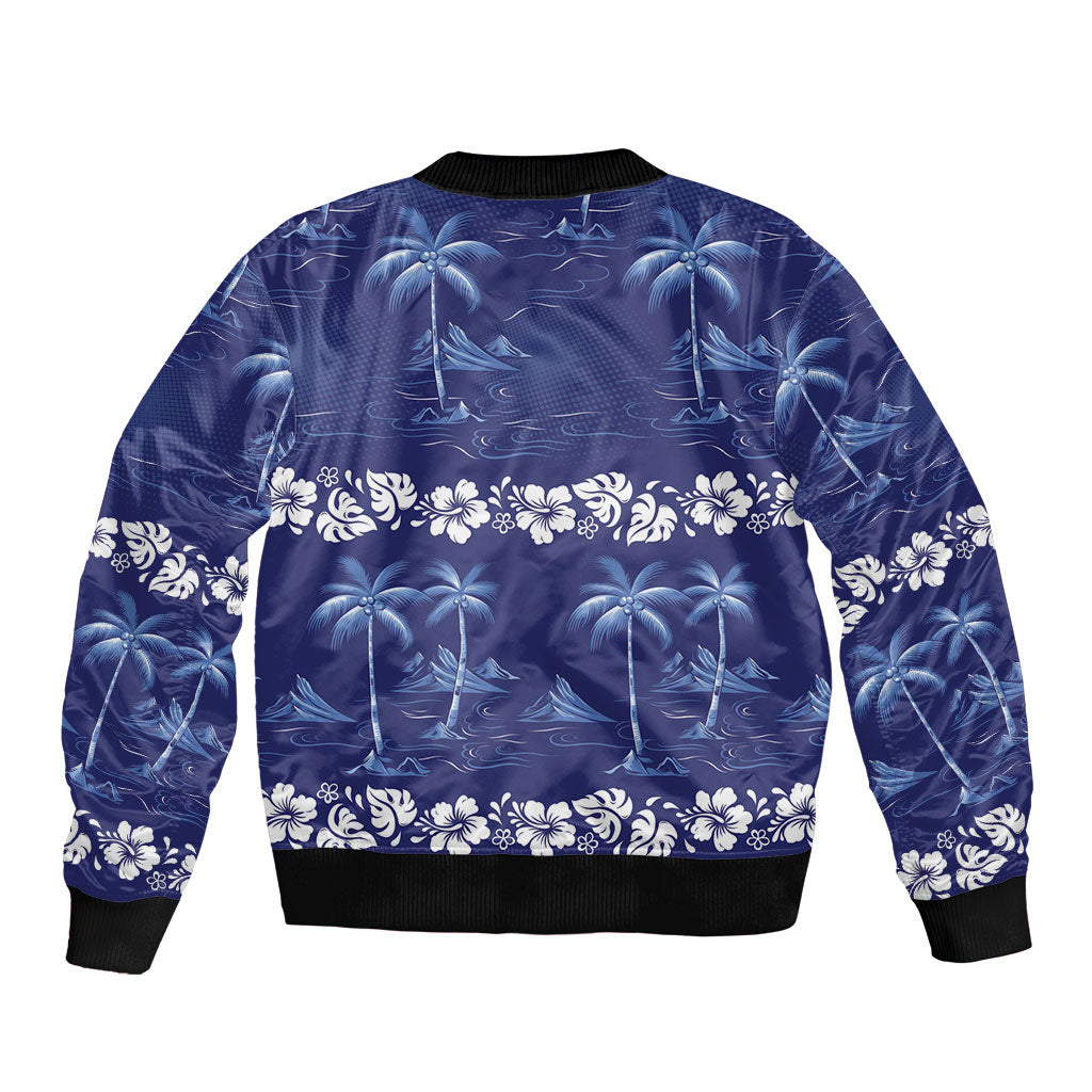 Blue Hawaii Palm Tree Hibiscus Bomber Jacket Fantasy Summer Vibe