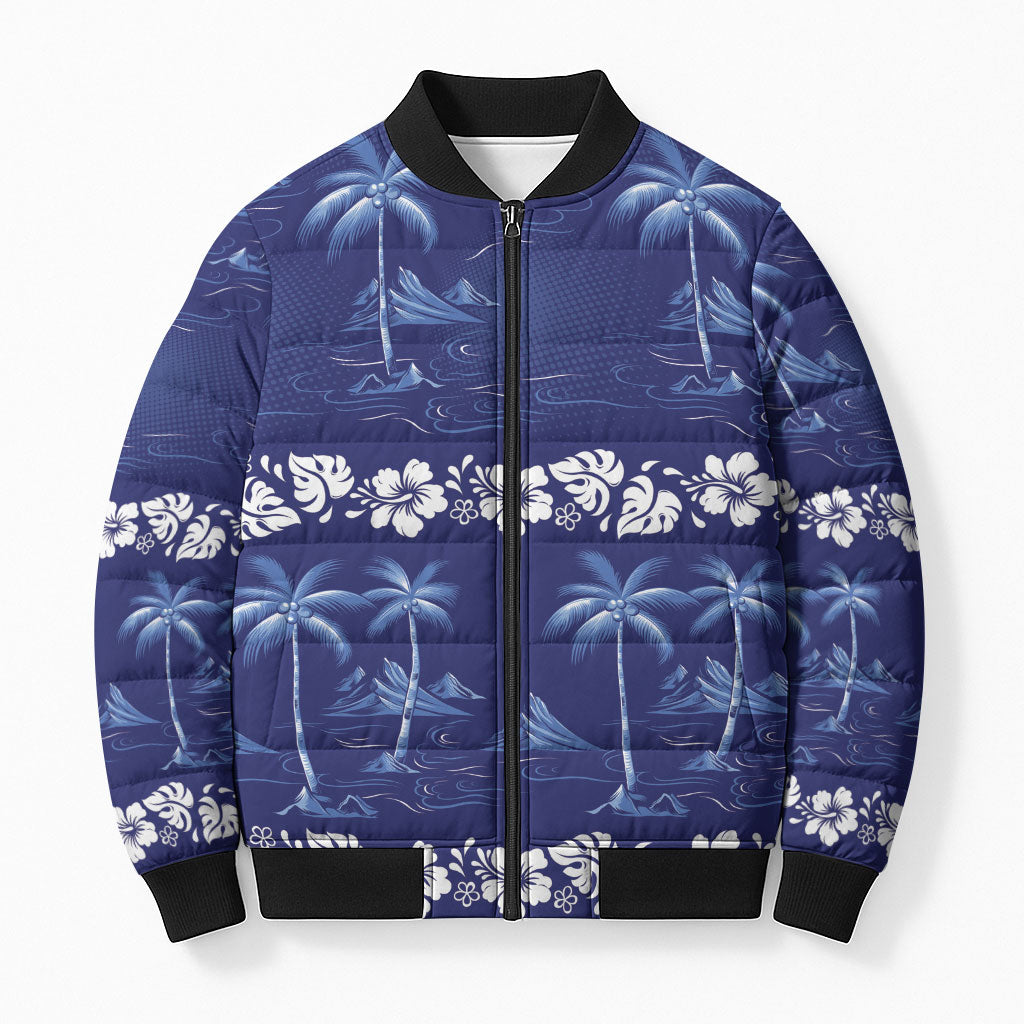 Blue Hawaii Palm Tree Hibiscus Bomber Puffer Jacket Fantasy Summer Vibe