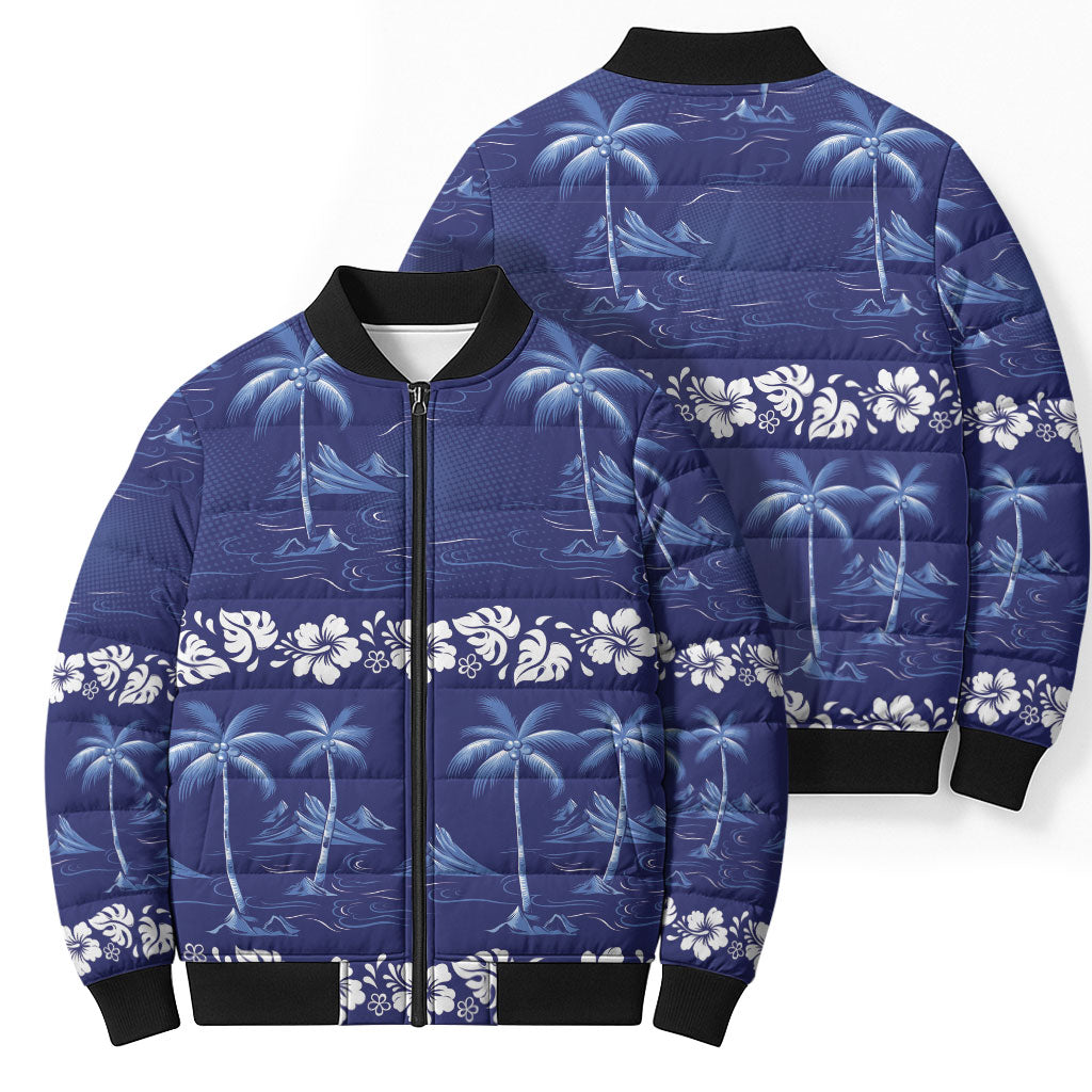 Blue Hawaii Palm Tree Hibiscus Bomber Puffer Jacket Fantasy Summer Vibe