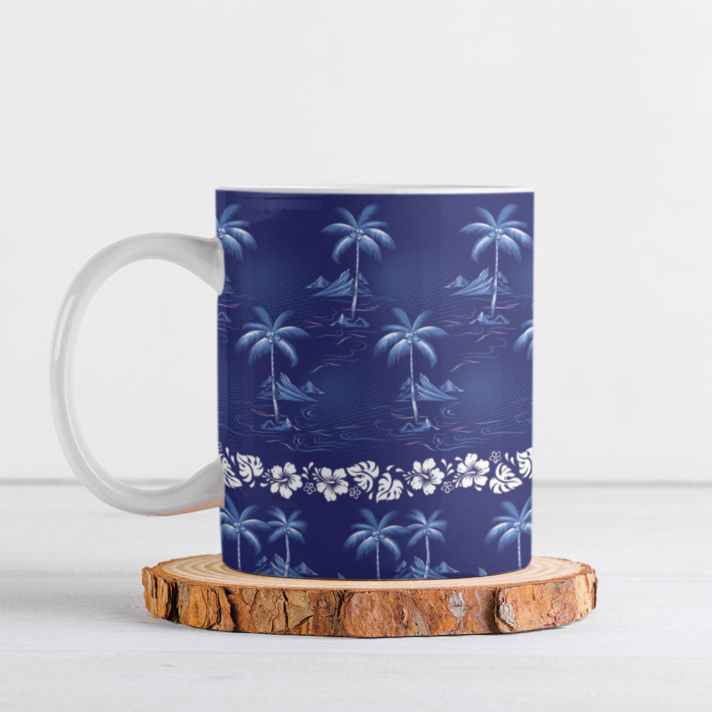 Blue Hawaii Palm Tree Hibiscus Ceramic Mug Fantasy Summer Vibe