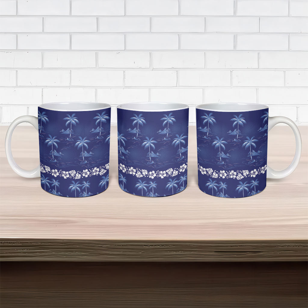 Blue Hawaii Palm Tree Hibiscus Ceramic Mug Fantasy Summer Vibe