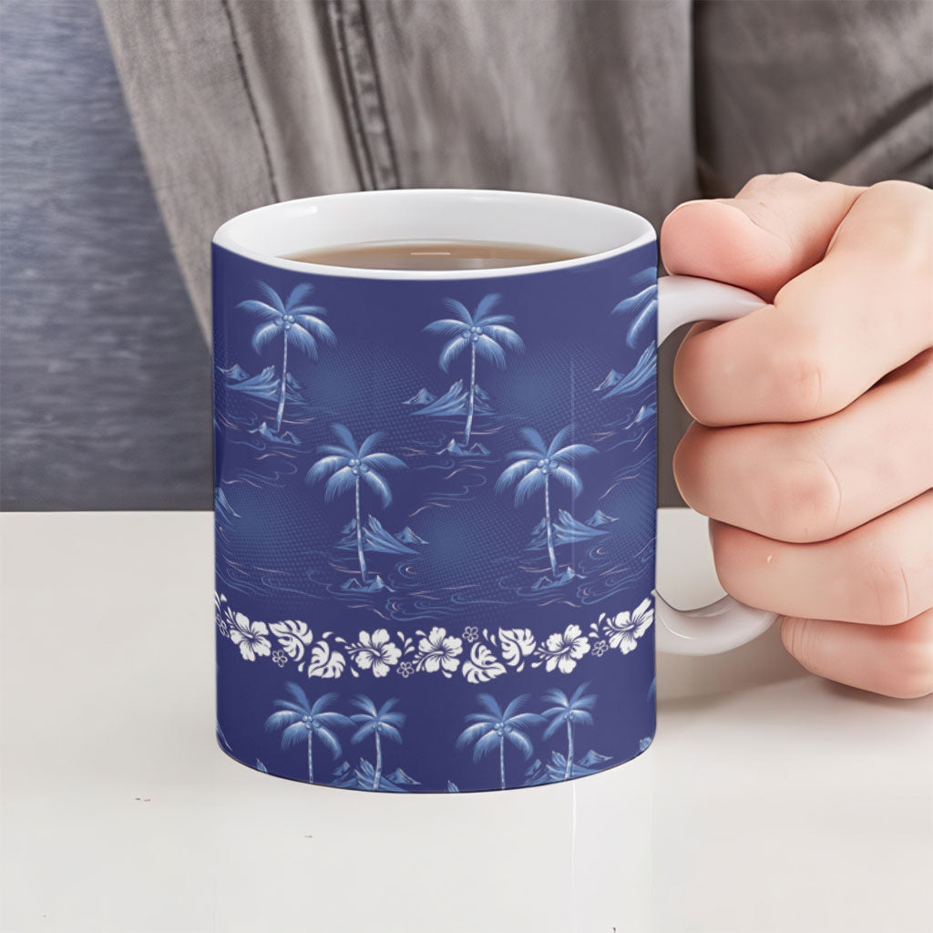 Blue Hawaii Palm Tree Hibiscus Ceramic Mug Fantasy Summer Vibe