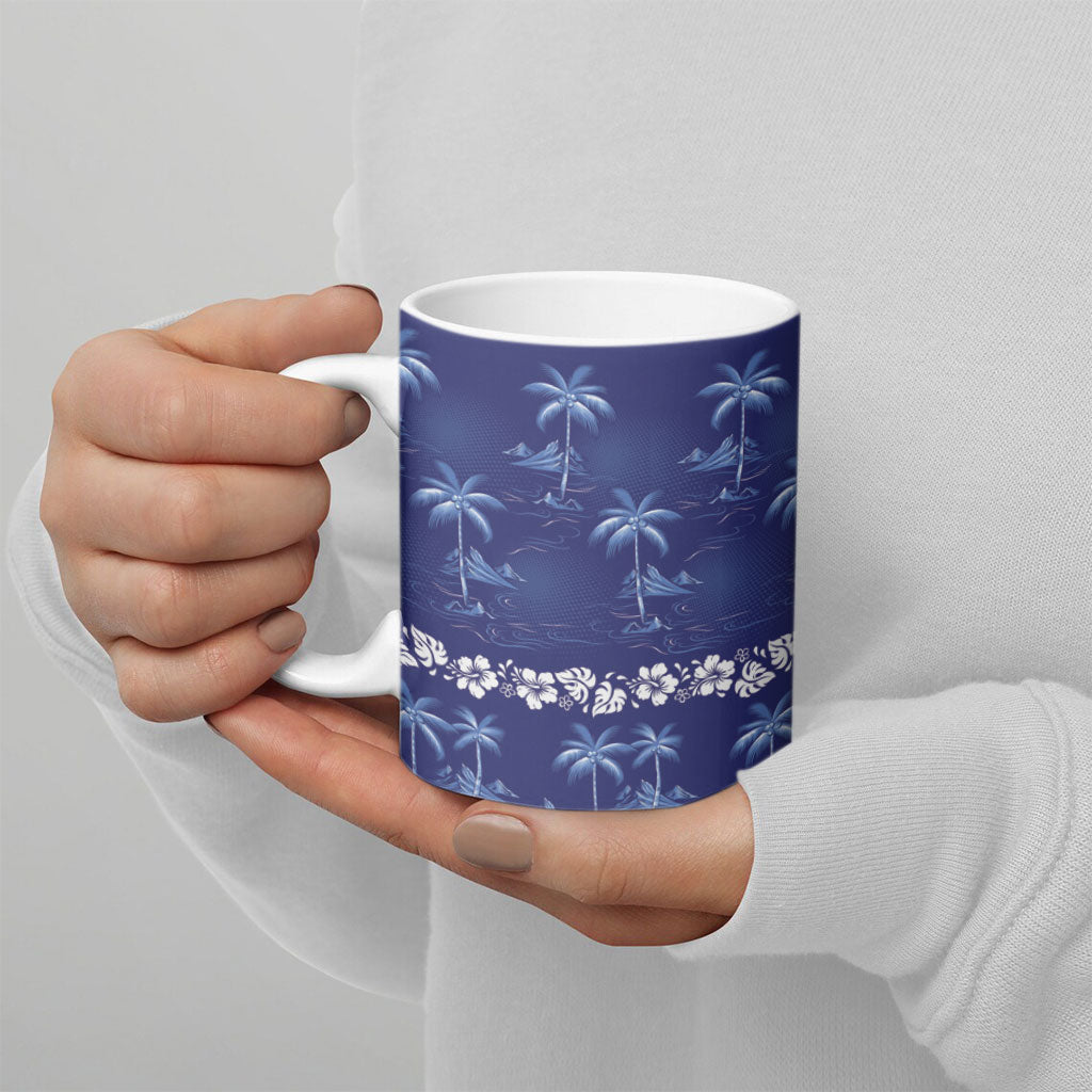 Blue Hawaii Palm Tree Hibiscus Ceramic Mug Fantasy Summer Vibe