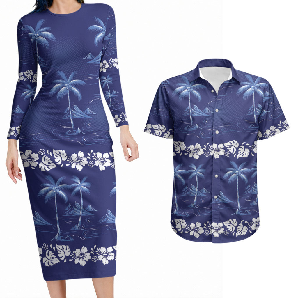 Blue Hawaii Palm Tree Hibiscus Couples Matching Long Sleeve Bodycon Dress and Hawaiian Shirt Fantasy Summer Vibe