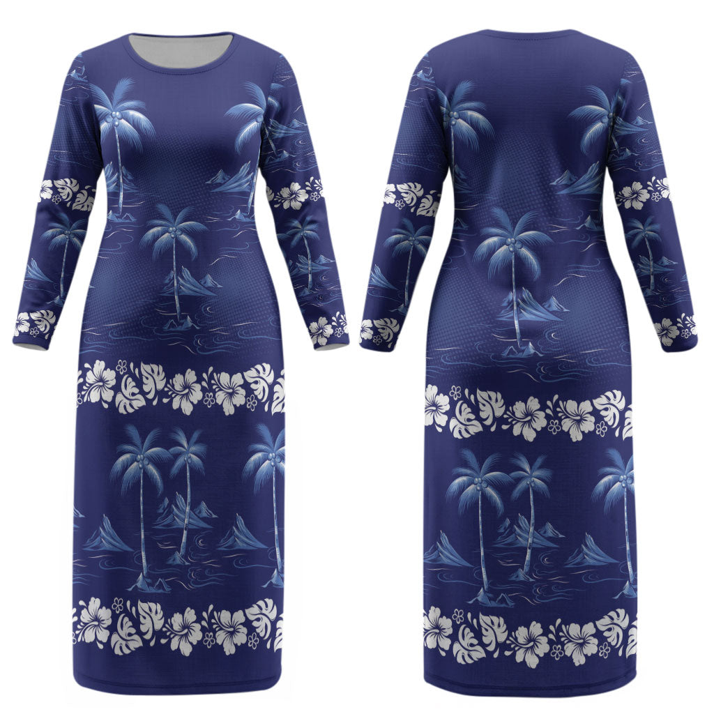 Blue Hawaii Palm Tree Hibiscus Couples Matching Long Sleeve Bodycon Dress and Hawaiian Shirt Fantasy Summer Vibe LT01 - Polynesian Pride