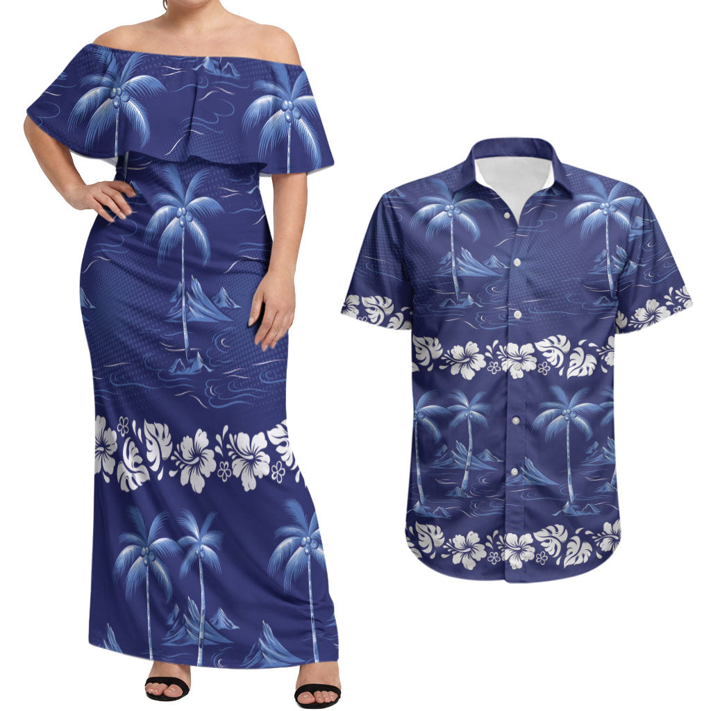 Blue Hawaii Palm Tree Hibiscus Couples Matching Off Shoulder Maxi Dress and Hawaiian Shirt Fantasy Summer Vibe LT01 Blue - Polynesian Pride