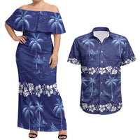 Blue Hawaii Palm Tree Hibiscus Couples Matching Off Shoulder Maxi Dress and Hawaiian Shirt Fantasy Summer Vibe LT01 Blue - Polynesian Pride