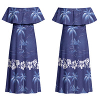 Blue Hawaii Palm Tree Hibiscus Couples Matching Off Shoulder Maxi Dress and Hawaiian Shirt Fantasy Summer Vibe LT01 - Polynesian Pride