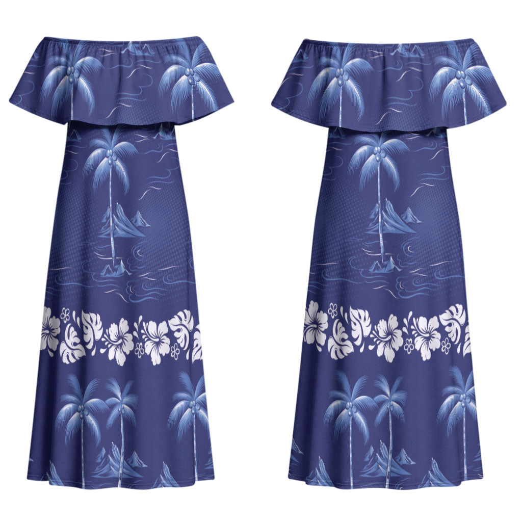 Blue Hawaii Palm Tree Hibiscus Couples Matching Off Shoulder Maxi Dress and Long Sleeve Button Shirt Fantasy Summer Vibe LT01 - Polynesian Pride