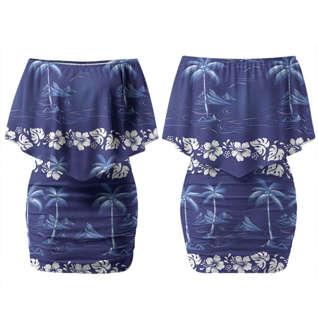 Blue Hawaii Palm Tree Hibiscus Couples Matching Off Shoulder Short Dress and Hawaiian Shirt Fantasy Summer Vibe LT01 - Polynesian Pride