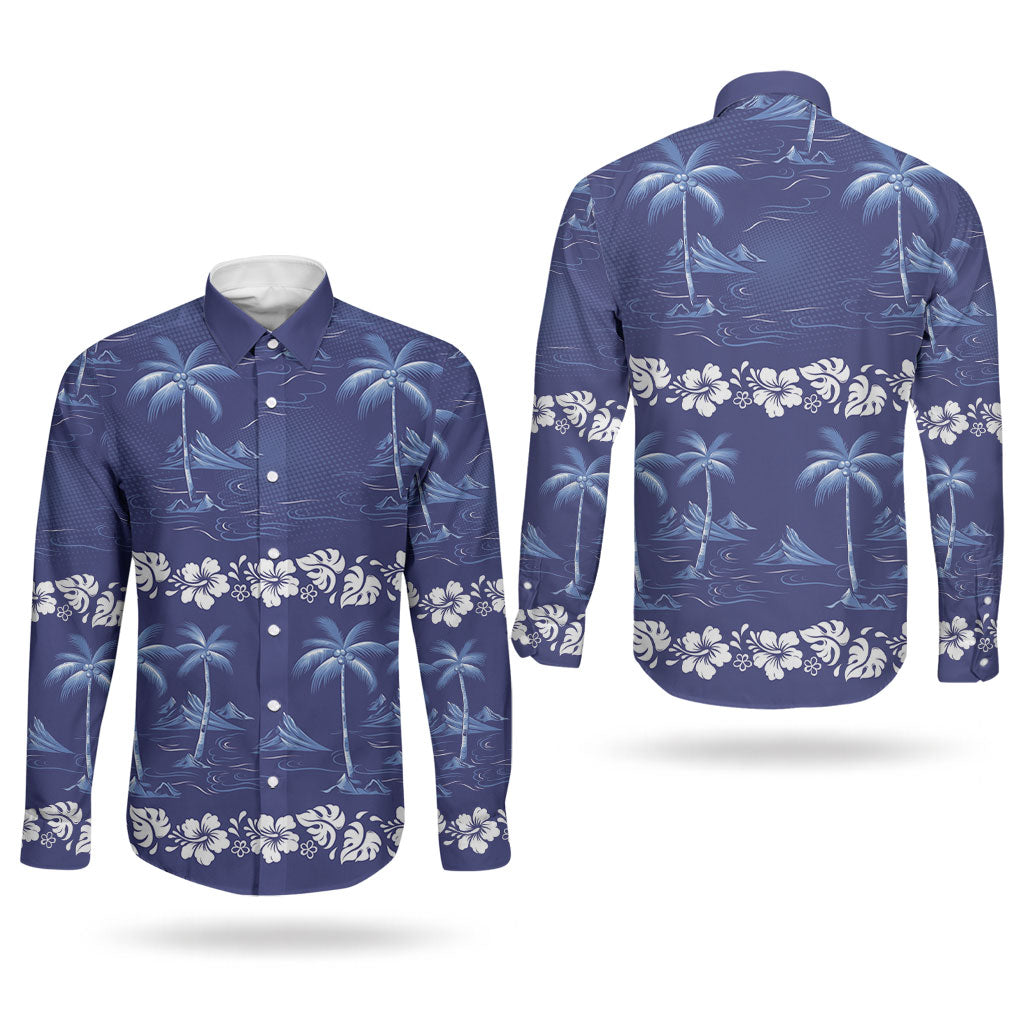 Blue Hawaii Palm Tree Hibiscus Couples Matching Off The Shoulder Long Sleeve Dress and Long Sleeve Button Shirt Fantasy Summer Vibe LT01 - Polynesian Pride