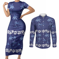 Blue Hawaii Palm Tree Hibiscus Couples Matching Short Sleeve Bodycon Dress and Long Sleeve Button Shirt Fantasy Summer Vibe LT01 Blue - Polynesian Pride