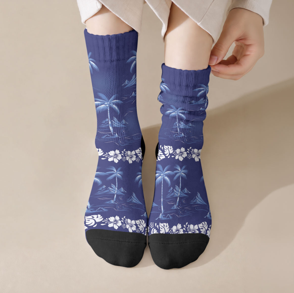 Blue Hawaii Palm Tree Hibiscus Crew Socks Fantasy Summer Vibe