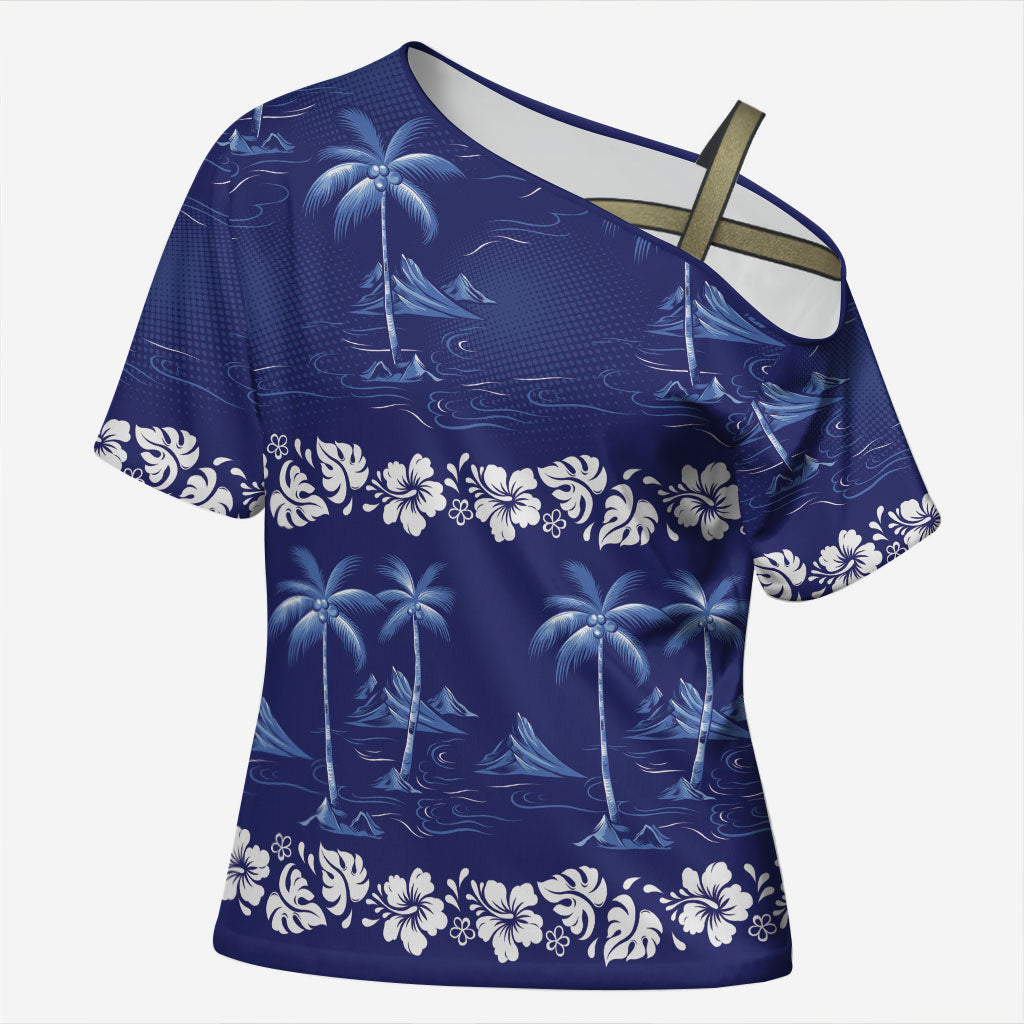 Blue Hawaii Palm Tree Hibiscus Cross Shoulder Shirt Fantasy Summer Vibe LT01 Female Blue - Polynesian Pride