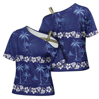 Blue Hawaii Palm Tree Hibiscus Cross Shoulder Shirt Fantasy Summer Vibe LT01 - Polynesian Pride